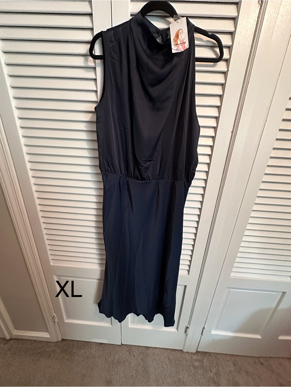 Sleeveless Navy Midi Dress with Cowl Neck